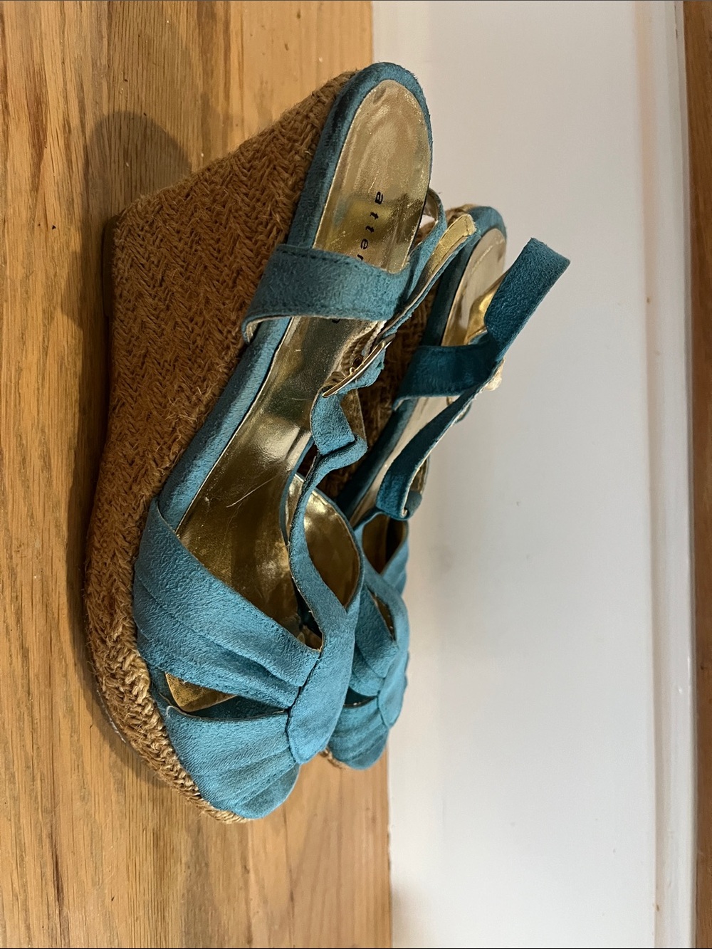 attention Teal Suede Espadrille Wedge Sandals